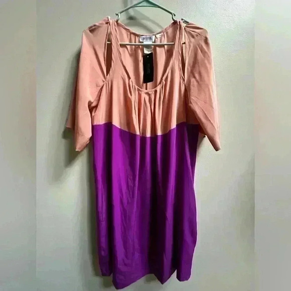 NWT | Sonia Rykiel 100% Silk A-Line Colorblock Dress | Cyclamen & Blush | Size 4 - Picture 1 of 7